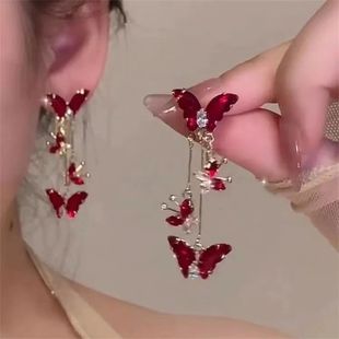 Elegant Red Zircon Butterfly Drop Earrings for Women Tempera