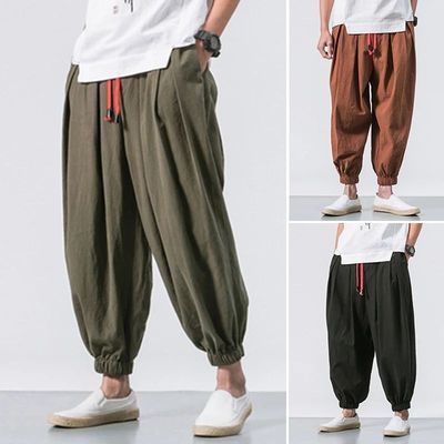 Cotton Linen Harem Pants Men Solid Elastic Waist Sreetwear J