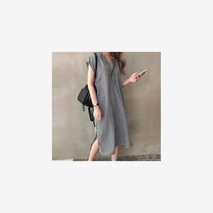 欧美宽松短袖格子V领开叉衬衫裙连衣裙21新款韩版慵懒风过膝长裙