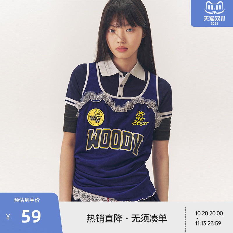 【啄木鸟伍迪联名】BEASTER奥莱条纹运动背心女胶印图案吸汗上衣