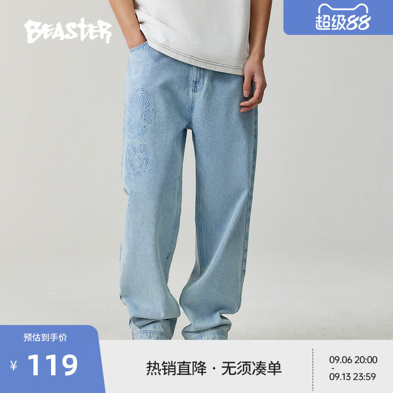 【商场同款】BEASTER趣味绣花牛仔裤夏新款潮牌美式休闲情侣长裤图片