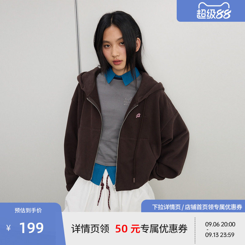 BEASTER连帽泡泡卫衣开衫女早秋百搭薄款夹克短款外套拉链上衣图片