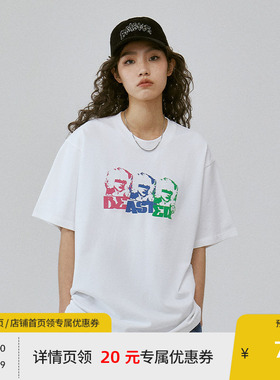 BEASTER白色印花短袖T恤男秋季纯棉潮牌国潮情侣装美式黑色上衣