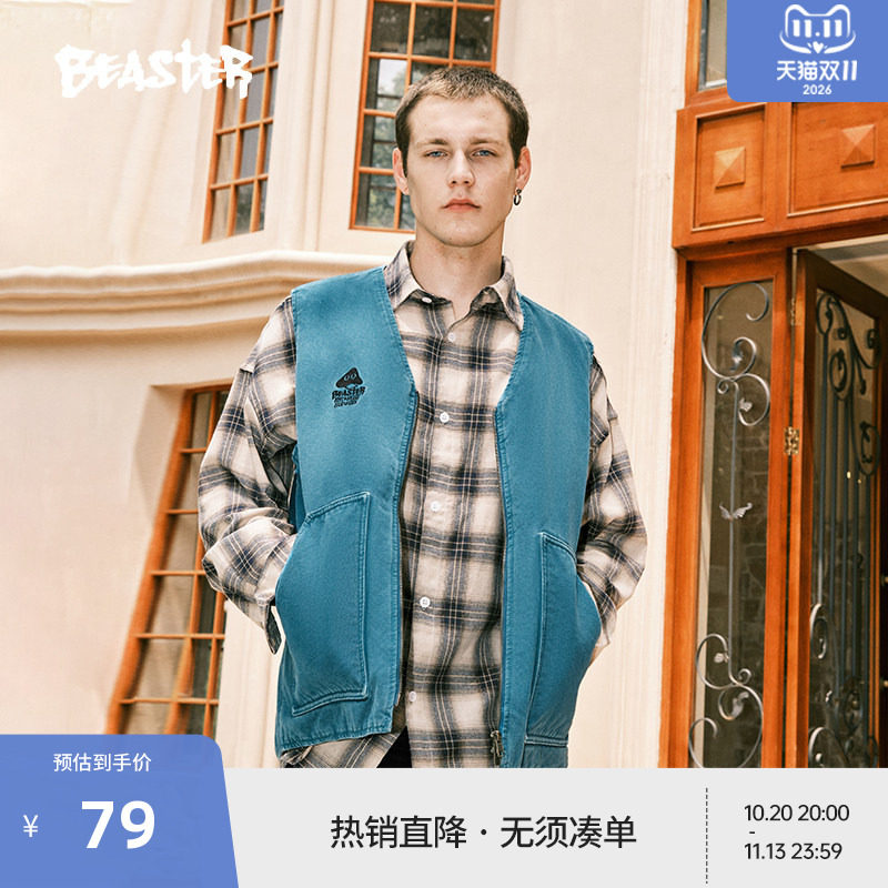 BEASTER奥莱蘑菇工装棉马甲男冬潮流美式风情侣休闲保暖棉衣外搭