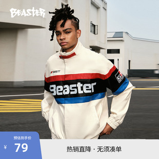 BEASTER撞色赛车外套男冬棉服新款美式国潮牌加厚PU皮衣机车夹克