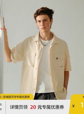 BEASTER肌理条纹绣花短袖衬衫夏新款休闲百搭宽松情侣立领上衣