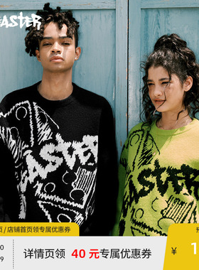 BEASTER奥莱骰子提花针织衫男秋新款荧光绿色圆领慵懒高街毛衣女