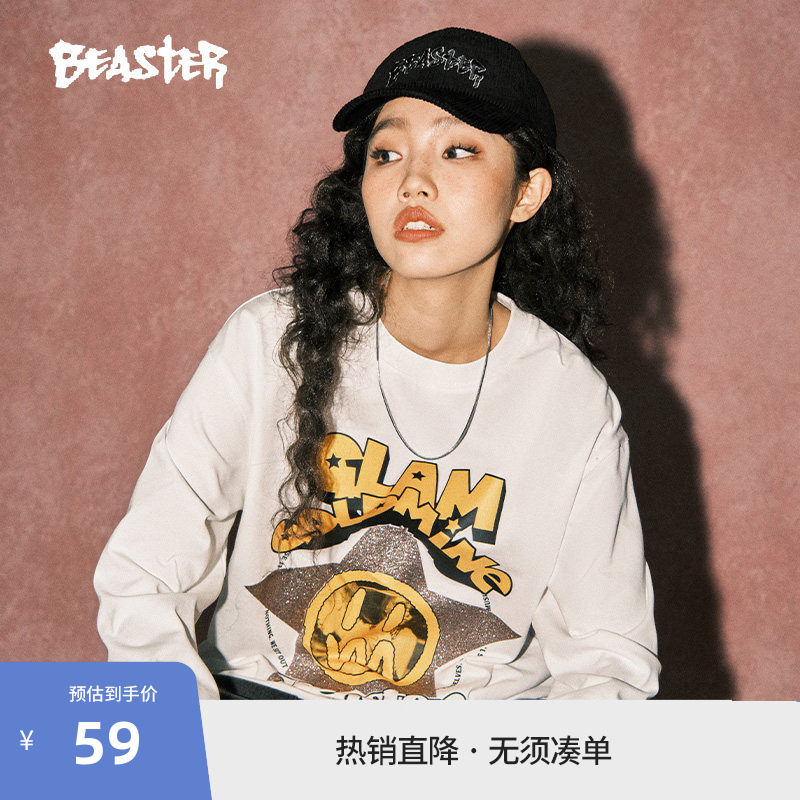 BEASTER鬼脸长袖t恤男华丽金矿闪粉印花美式情侣重磅上衣女图片