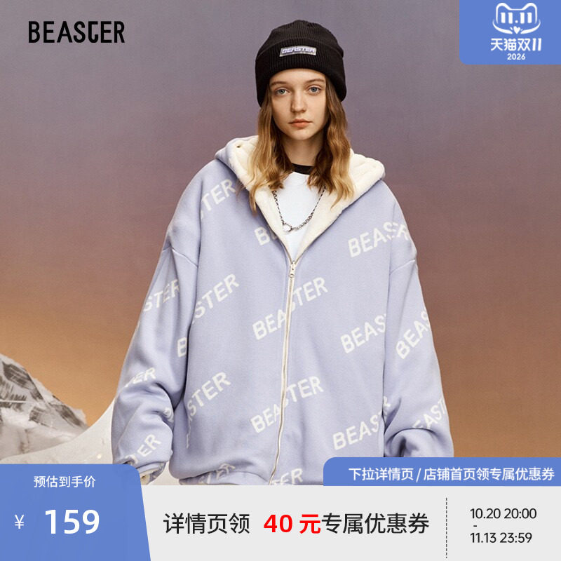 BEASTER奥莱鬼脸字母满印防风潮仿羊羔毛正反两面穿外套