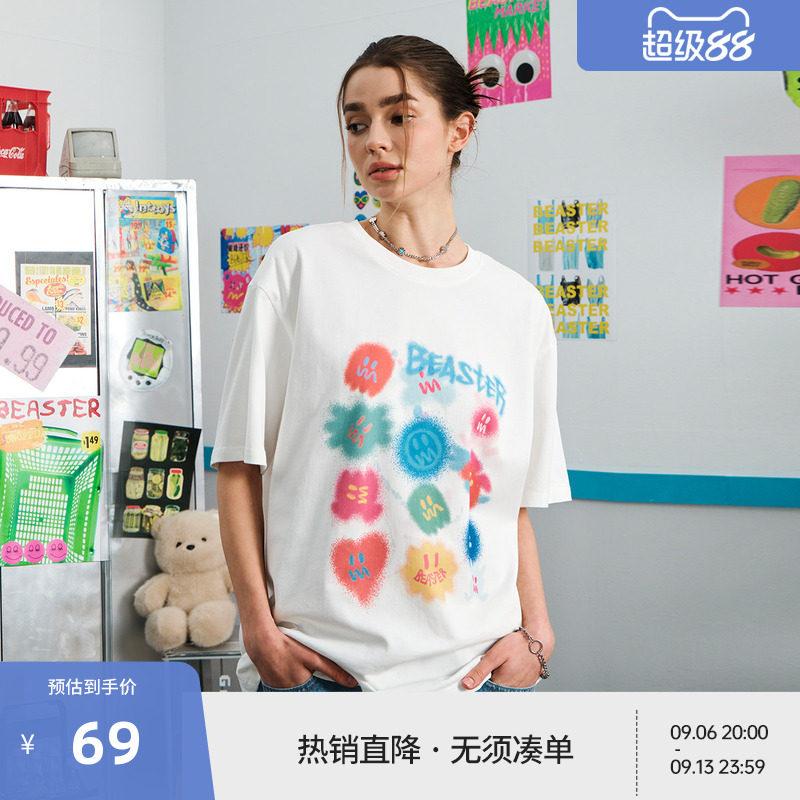 BEASTER鬼脸重磅纯棉印花短袖T恤男新款亲肤情侣上衣女图片