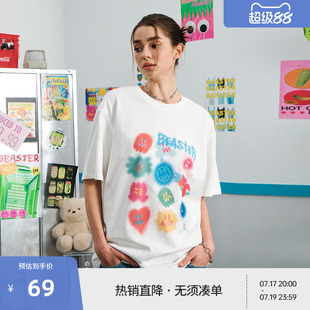 BEASTER鬼脸重磅纯棉印花短袖T恤男新款亲肤情侣上衣女