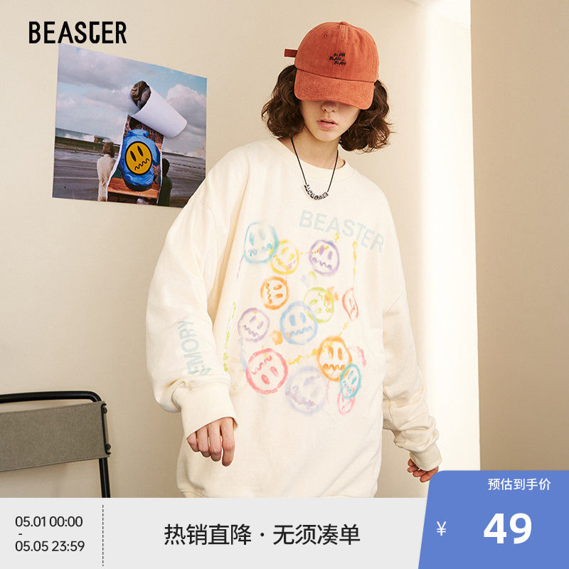 BEASTER奥莱笑脸套头舒适潮宽松印花字母图案圆领长袖卫衣