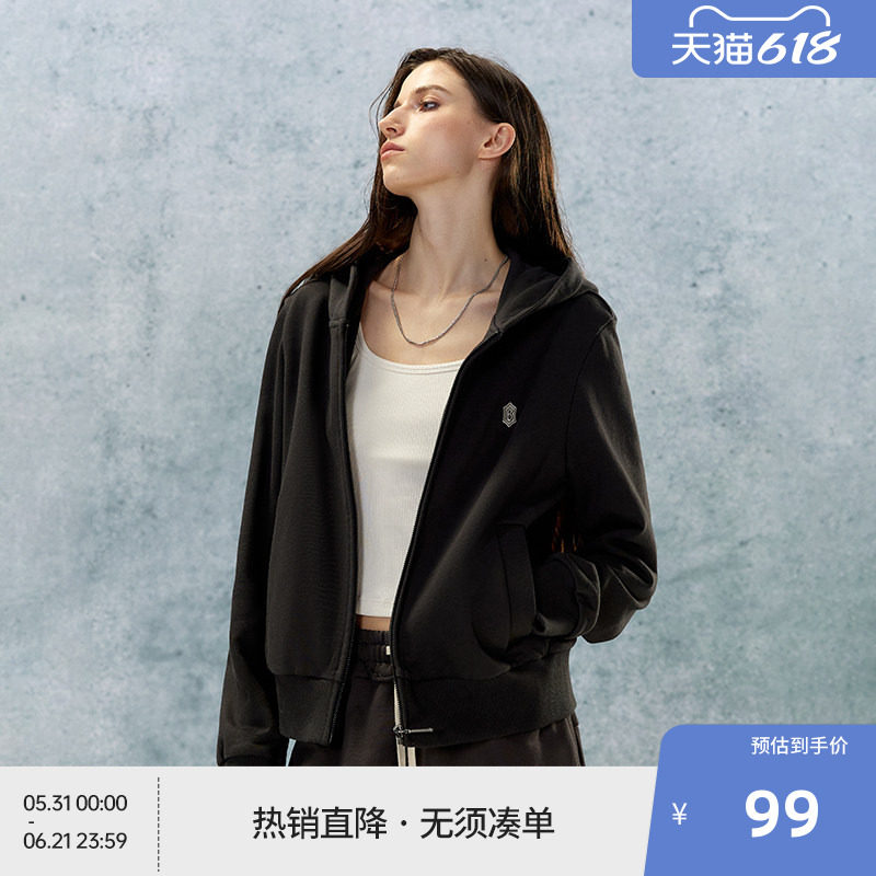 【beaster fe】金属牌logo纯棉卫衣外套女美式偏短款正肩连帽衫