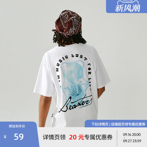 BEASTER骷髅小熊印花T恤男夏季新款纯棉重磅230g圆领短袖上衣