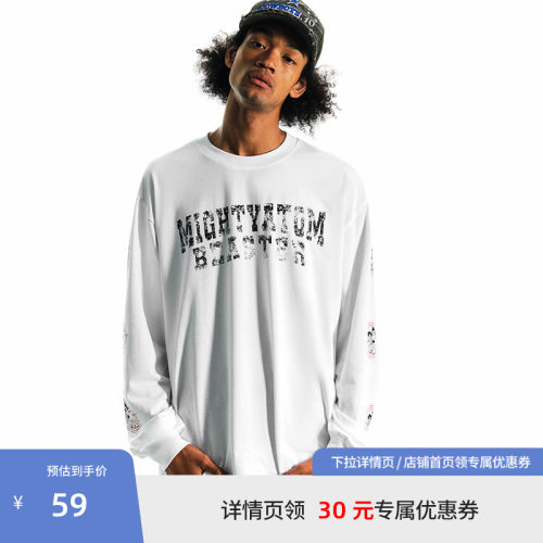 【铁臂阿童木联名】BEASTER做旧字母印花长袖T恤男女宽松情侣上衣