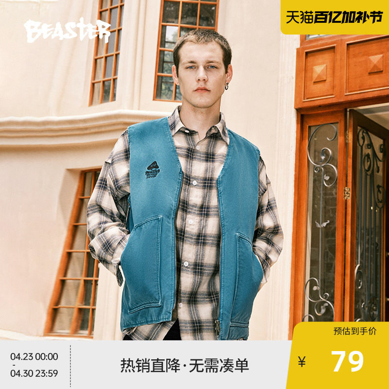 BEASTER奥莱蘑菇工装棉马甲男冬潮流美式风情侣休闲保暖棉衣外搭