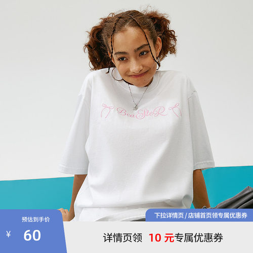 BEASTER蝴蝶结贴布绣T恤夏新款纯棉logo绣花轻薄宽松休闲情侣上衣