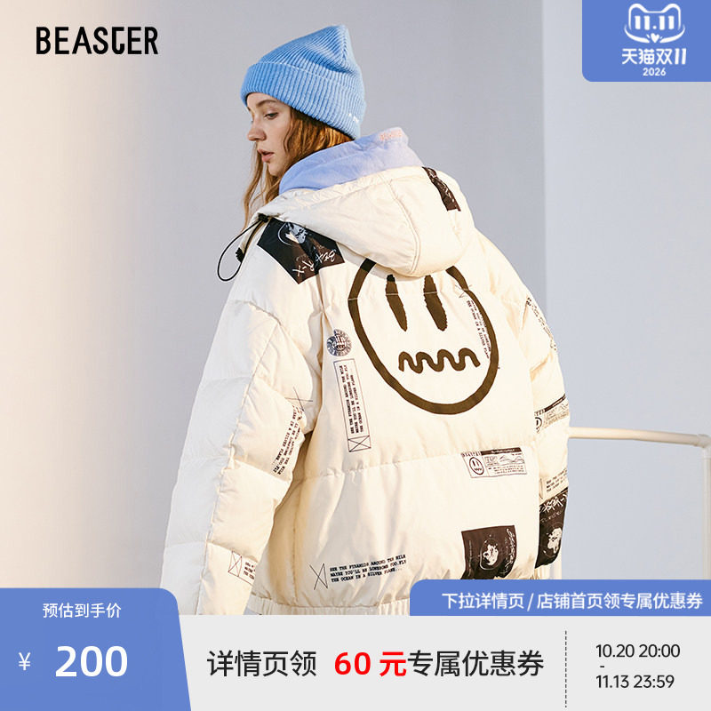 BEASTER奥莱鬼脸连帽面包羽绒服印花鸭绒防风保暖无性别