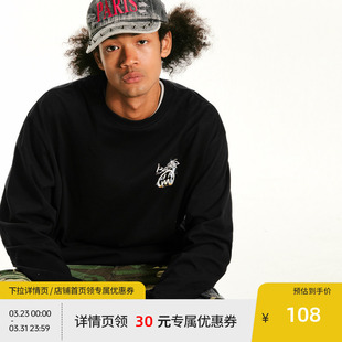 黑色上衣 24秋冬新款 BEASTER重磅鬼脸白墨焦灼感logo长袖 T恤男美式