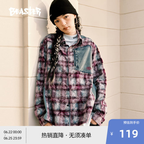 BEASTER奥莱做旧格纹拼接衬衫24春新品纯棉情侣休闲外套