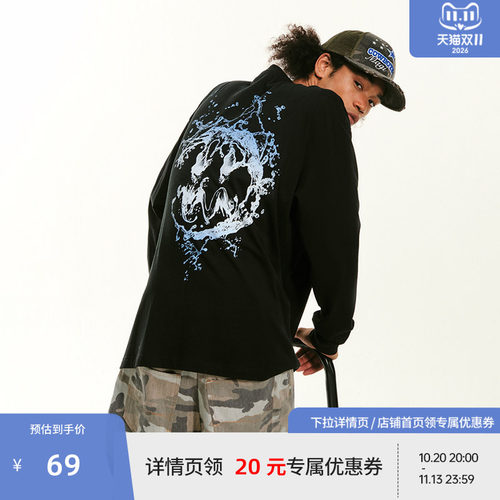 BEASTER海浪鬼脸图案长袖T恤男美式250g重磅新款休闲宽松黑色上衣
