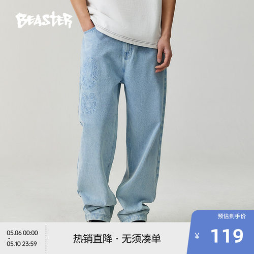 【商场同款】BEASTER趣味绣花牛仔裤夏新款潮牌美式休闲情侣长裤