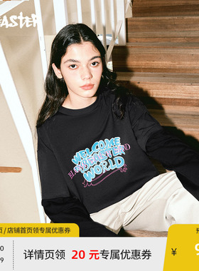 BEASTER拼接假两件长袖T恤女纯棉春季针织美式上衣