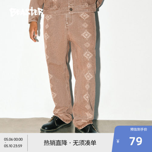 BEASTER民族纹样牛仔裤男23新品直筒宽松美式复古情侣蓝色长裤女