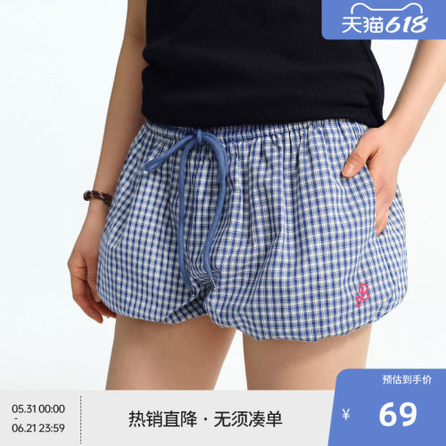 BEASTER格纹抽绳花苞短裤女百搭新款星星仿链条绣舒适裤子