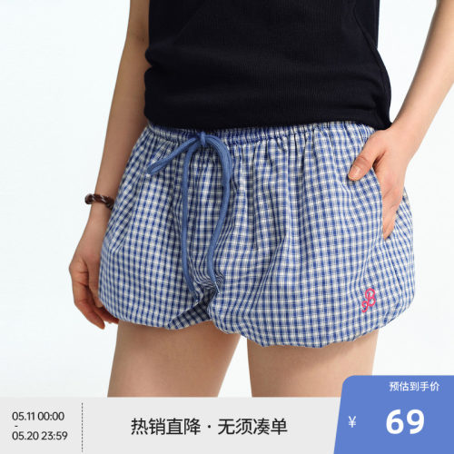 BEASTER格纹抽绳花苞短裤女百搭新款星星仿链条绣舒适裤子