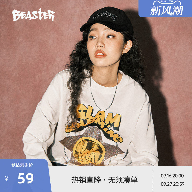 BEASTER鬼脸长袖t恤男华丽金矿闪粉印花美式情侣重磅上衣女图片