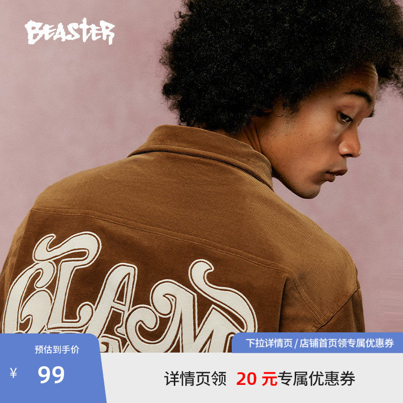 BEASTER灯芯绒长袖衬衫男23新品华丽金矿字母刺绣美式情侣外套 - 实物图