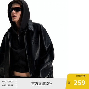 BEASTER钢压立体图案翻领皮衣夹克男美式 休闲pu皮外套 复古新款