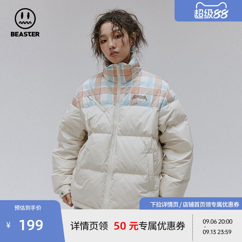 BEASTER奥莱印花拼接立领羽绒服男女冬季潮牌美式鸭绒外套