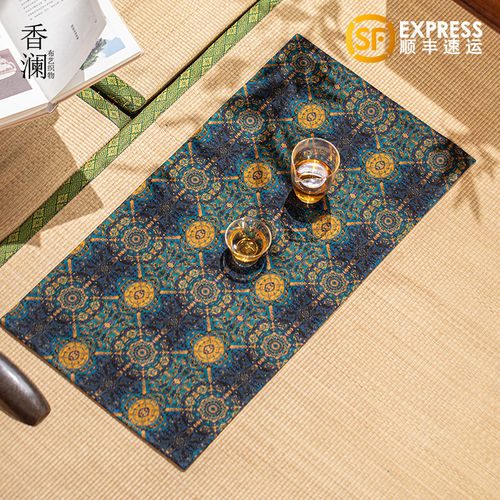 新中式国风香云纱蚕丝茶席八达晕蓝绿色干泡茶垫桌旗隔热茶桌布垫