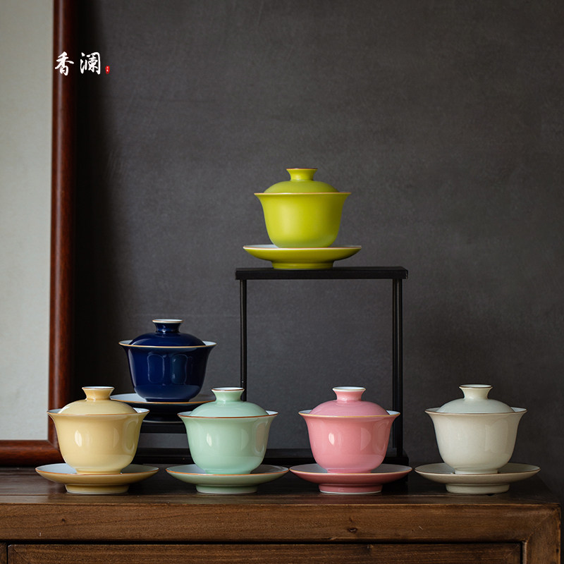 景德镇陶瓷高温颜色釉三才盖碗纯色功夫茶具单个茶杯不烫手泡茶碗