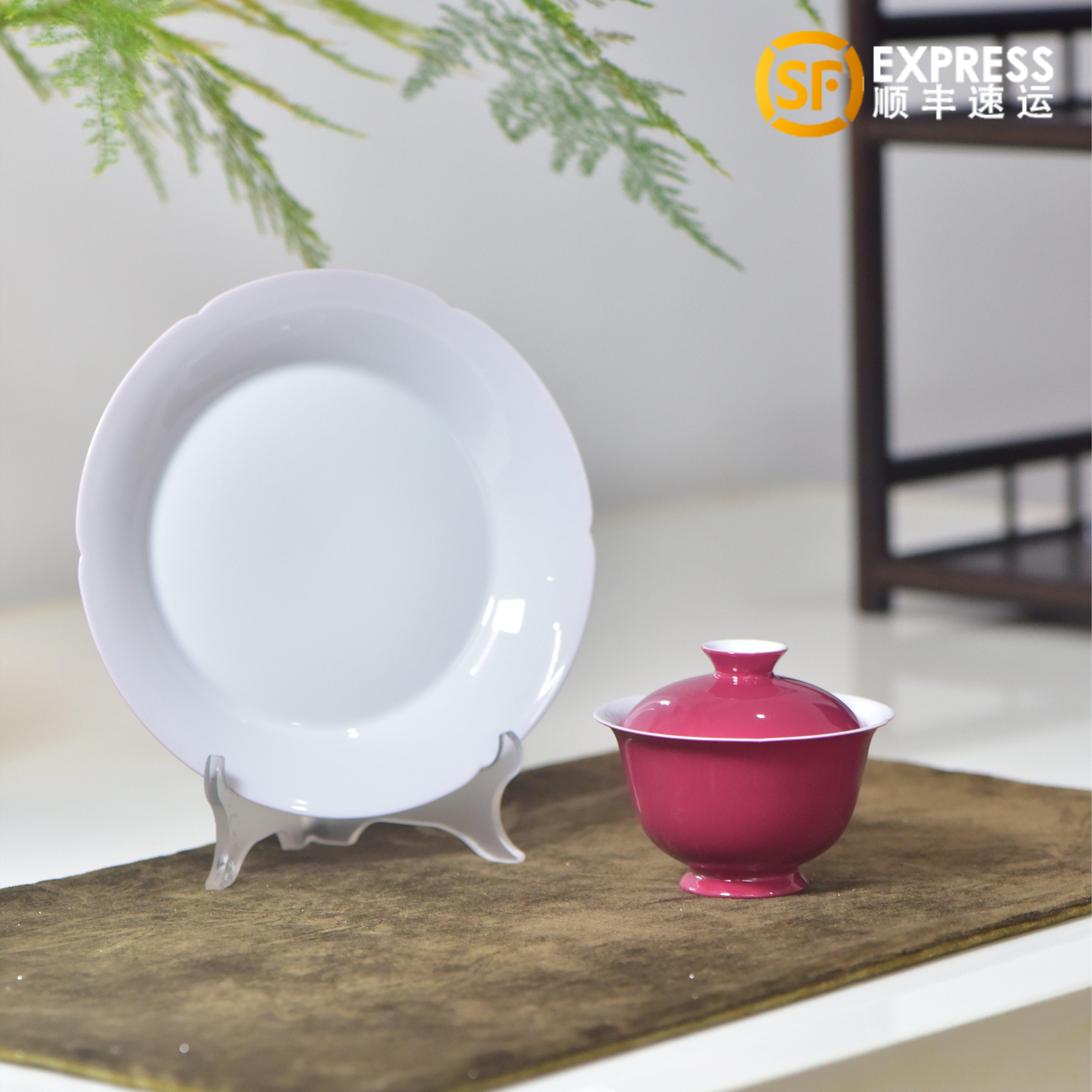 景德镇纯手工胭脂红三才盖碗薄胎陶瓷茶具功夫泡茶碗女士花口茶杯