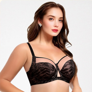 大码大罩杯超薄蕾丝网纱内衣上托有钢圈大胸显小文胸罩D75E42F95G