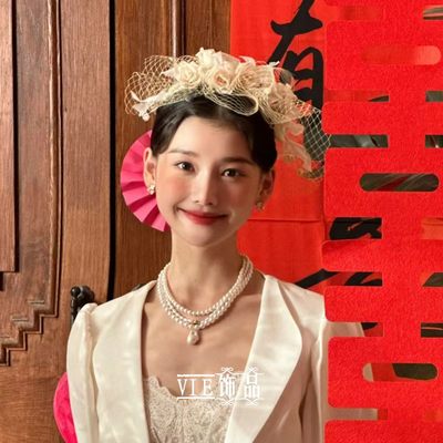 气质缎面花朵网纱发夹超仙新娘个性头饰创意样片影楼婚纱拍照配饰