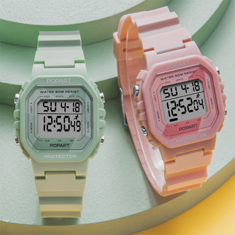搏艺popart小方块女清新ins风简约气质运动韩版学生方形电子手表