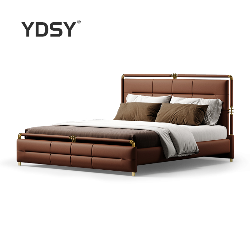 艺帝思雅现代简约皮艺床主卧大床头层牛皮1.8m意式轻奢双人真皮床