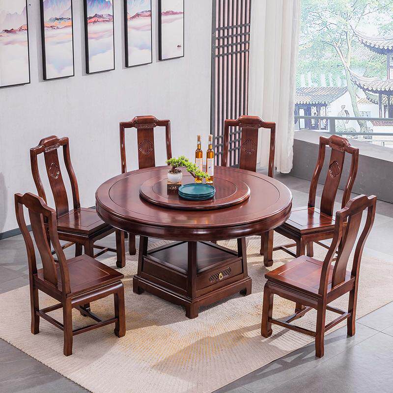 仿古中式家用全实木餐桌菠萝格木餐厅吃饭圆带抽屉吃饭桌子饭桌