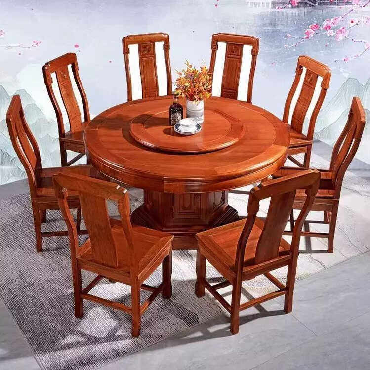 红木餐桌椅组合实木圆桌新中式仿古雕花饭桌子家用酒店餐厅家具
