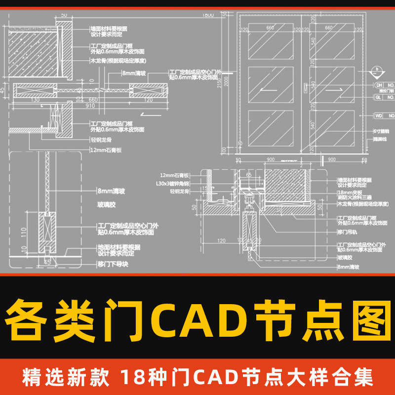 玻璃门平开推拉隐形门折叠旋转门酒店门套cad节点大样图立面详图