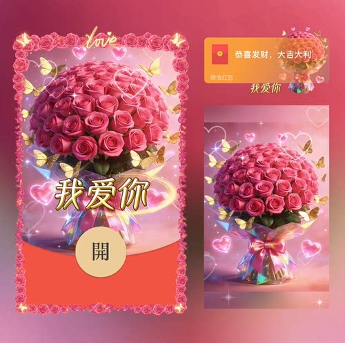 我爱你情人节快乐微信红包封面vx浪漫粉色花束情侣wx动态音乐异形
