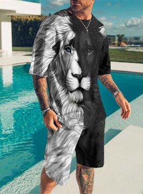 en's 2-iece swear la and White Lion 3D rinted -Shirt Suit Sr