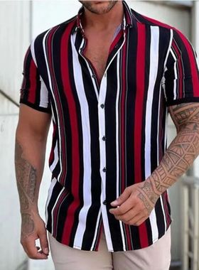 ew en's Shirt Fashion Stripes rint Short Sleee ees Summer Sh