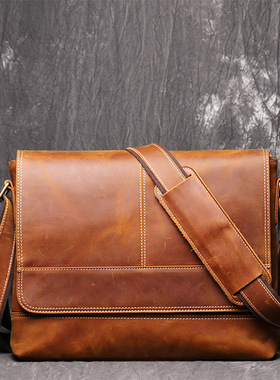 Luojia Factory Men's Retro Disressed Genuine Leather Shoulde