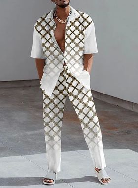 Fashion rint wo iece Set en Summer Short Sleee Lapel utton S