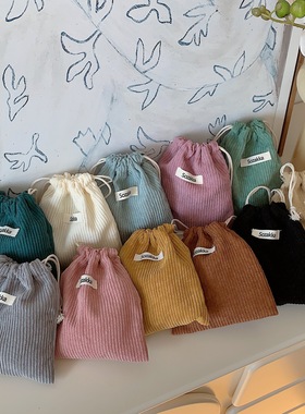 32133 Solid Color Corduroy Woven Label Storage Bag Drawstrin